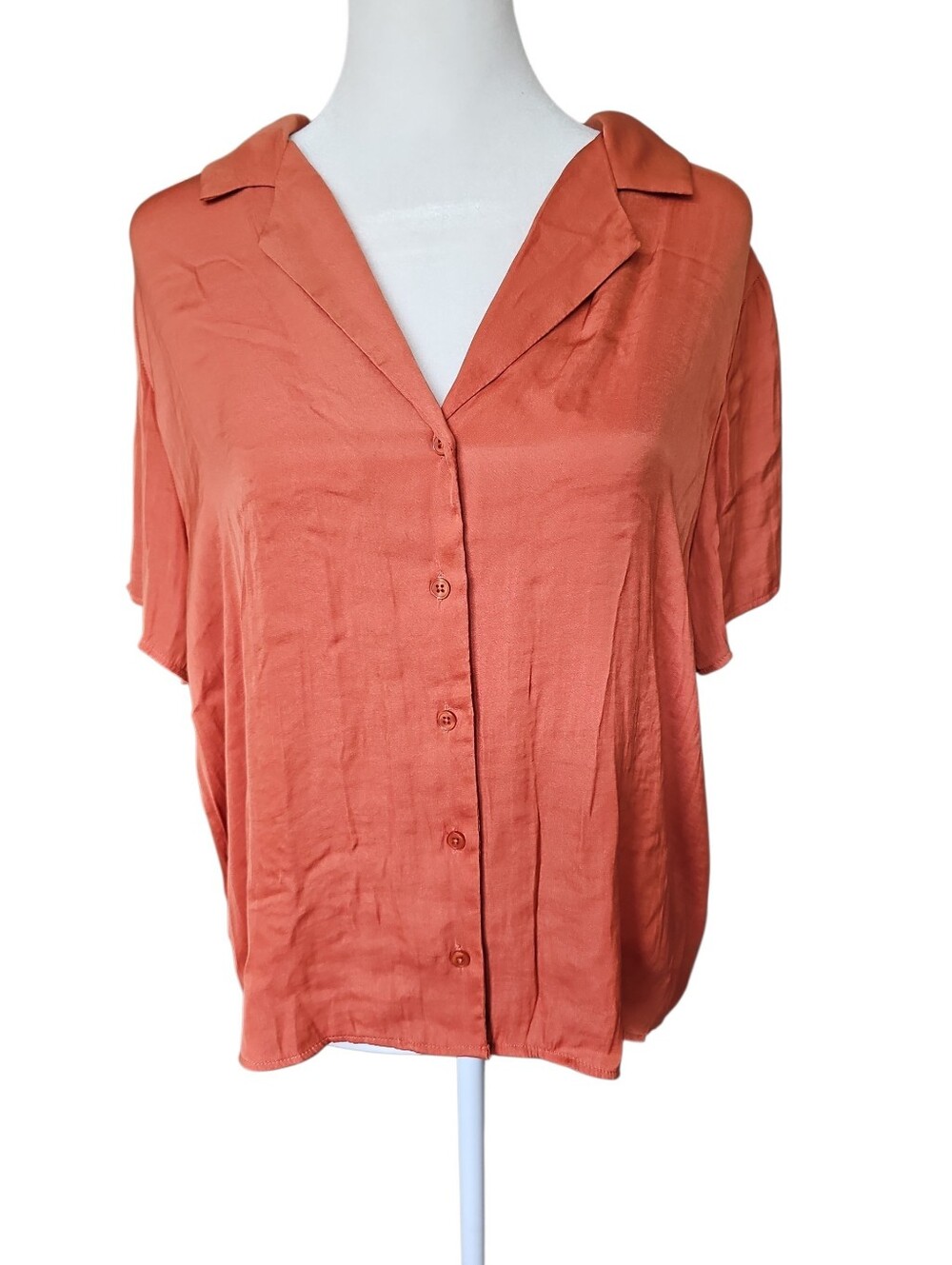 Rachel Roy Burnt Orange Satin Like Boho Button Down Blouse Medium